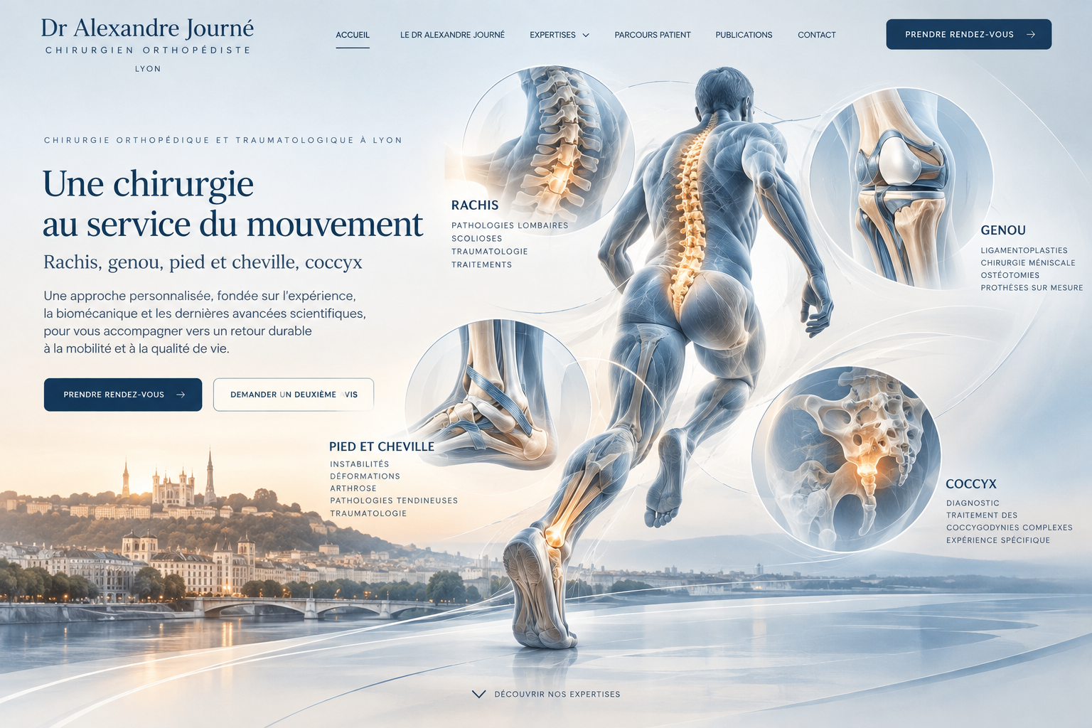 Biomechanischer Läufer, Dreiviertel-Rückenansicht, beleuchtete Wirbelsäule, Illustrationen von Wirbelsäule, Knie, Fuß und Steißbein vor einer Panoramaansicht von Lyon.